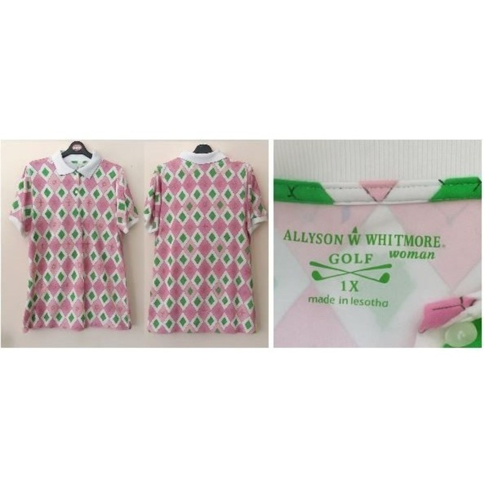 Allyson Whitmore Women 1X Golf Polo Shirt Argyle Pink‎ Green Golf Clubs Balls